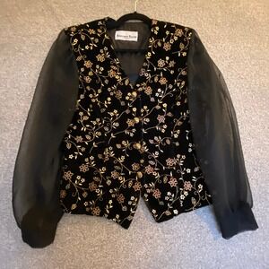 ANOTHER THYME Black Velvet Floral Embroidered Organza Sleeve Jacket Blazer Large